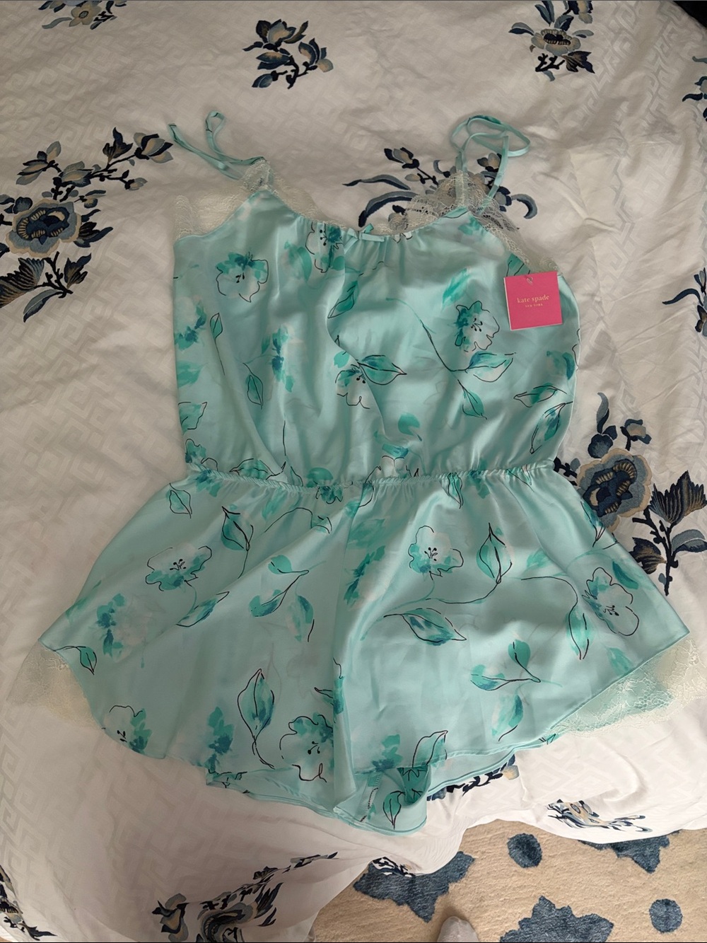 Kate Spade Large New Aqua Floral Satin Romper with Lace Trim